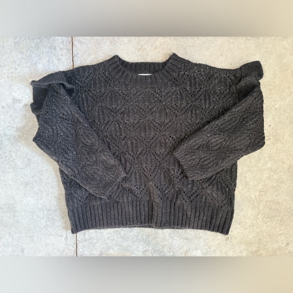 Old Navy Black Textured Sweater with Silver Thread and Ruffle Sleeve